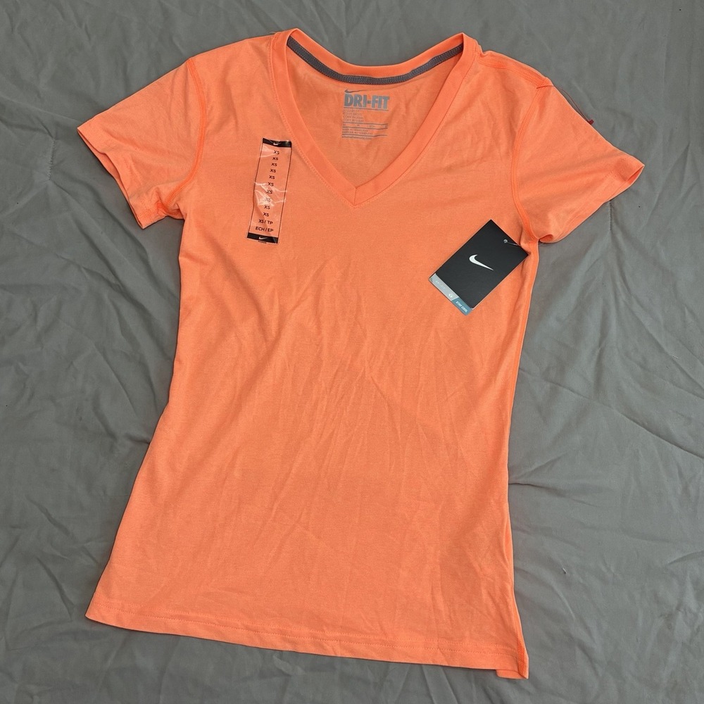 Nike Dri-FIT Womens Training Tee XS Orange V-Neck T-Shirt Swoosh Logo NWT